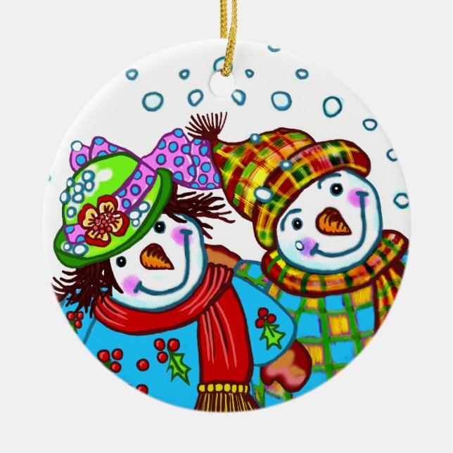 Snowman Couple  Ceramic Tree Decoration (Front)