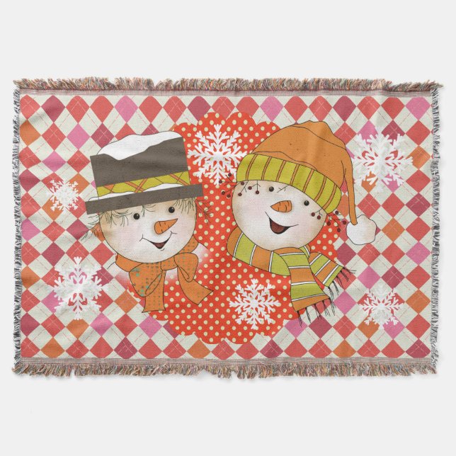 Snowman Couple Dots and Argyle Holiday Throw (Front)