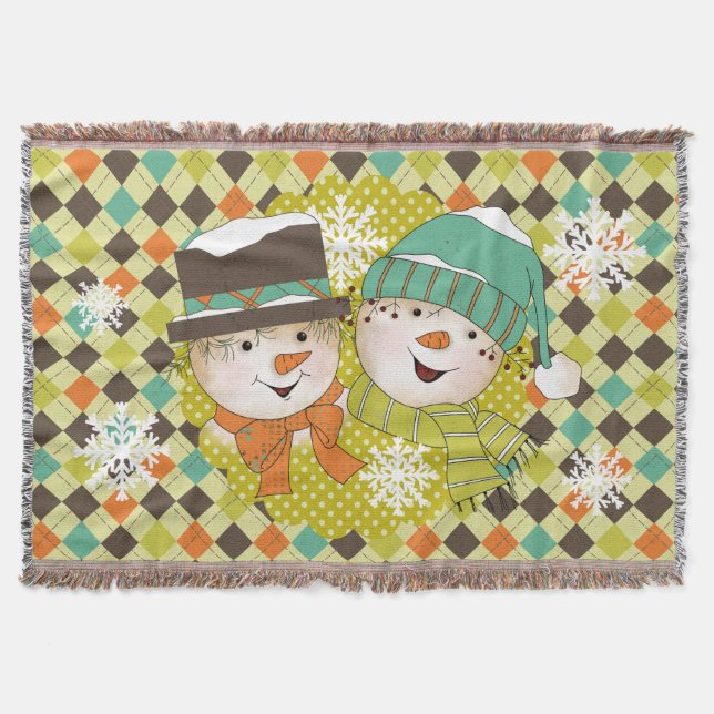 Snowman Couple Dots and Argyle Holiday Throw Blanket (Front)