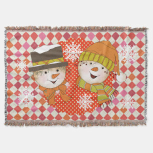 Snowman Couple Dots and Argyle Holiday Throw Blanket