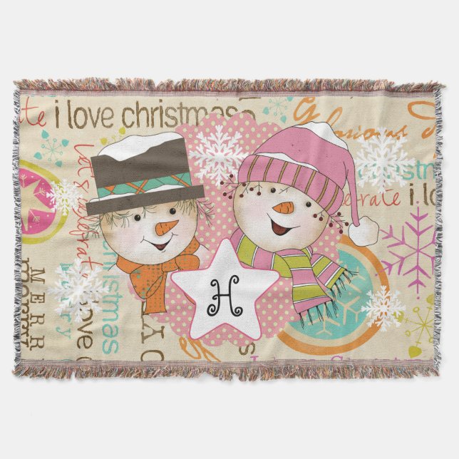Snowman Couple Dots and Typography Holiday Throw (Front)