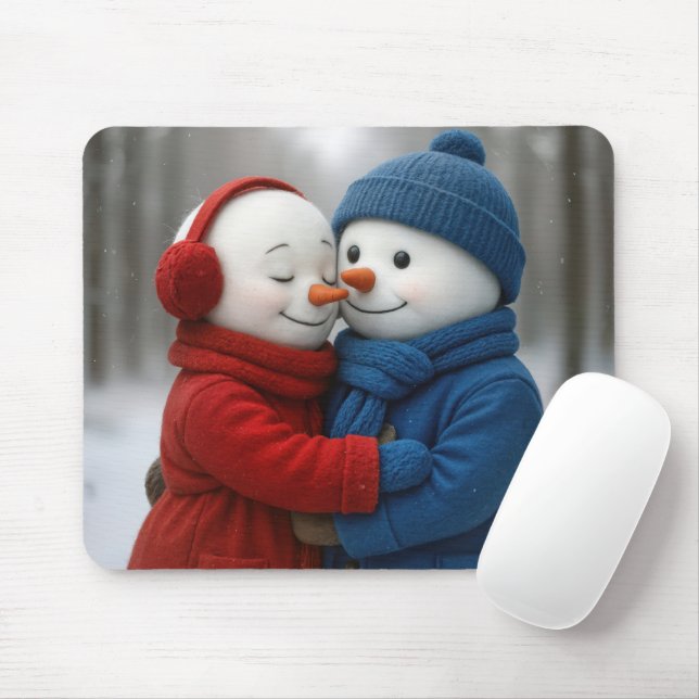 Snowman Couple Hugging in Winter Forest Mouse Pad (With Mouse)