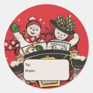 Snowman Couple in Car Personalized To and From Classic Round Sticker