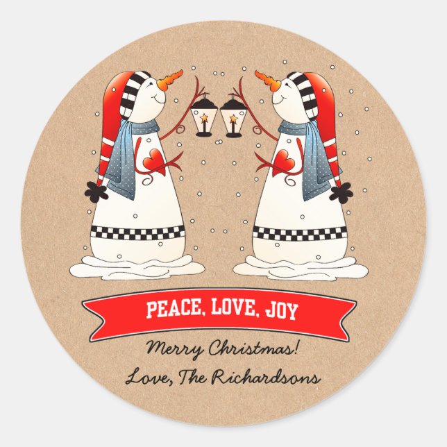 Snowman Couple Kraft Paper Custom Christmas  Classic Round Sticker (Front)