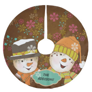 Snowman Couple Neon Snowflakes Holidays Tree Skirt