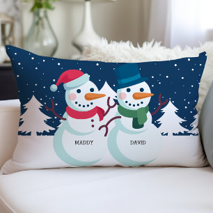 Snowman Couple Personalised Names Christmas Custom Lumbar Cushion