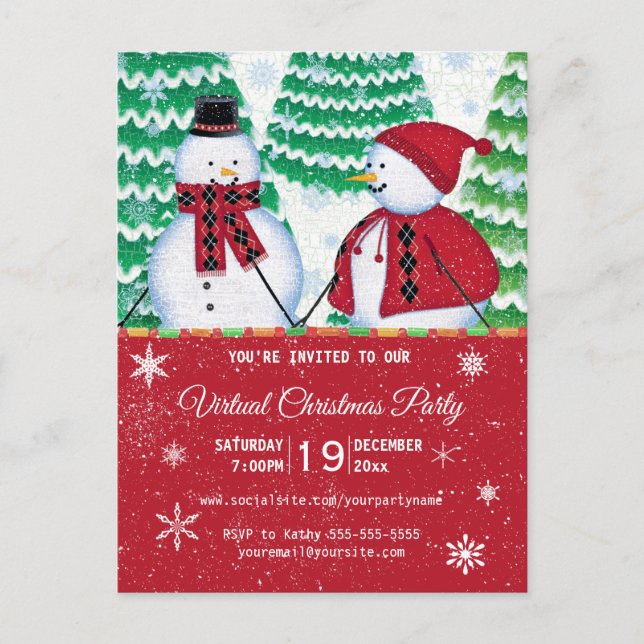 Snowman Couple Snowflakes Red Christmas Party Invitation Postcard (Front)