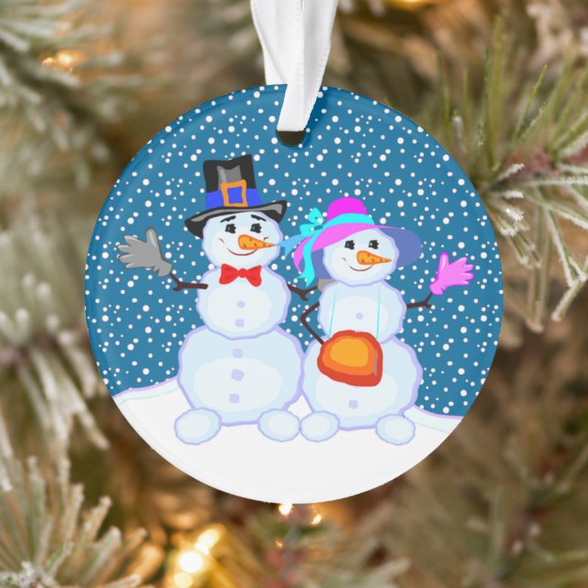 Snowman Couple Waving In Falling Snow Ornament (Tree)