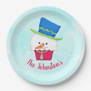 Snowman Cupcake Name Personalized Dessert Party Paper Plate