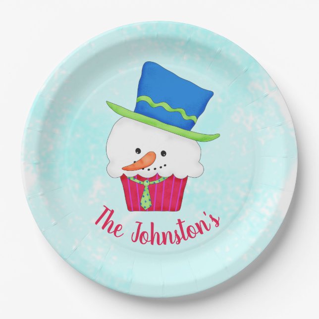 Snowman Cupcake Name Personalized Dessert Party Paper Plate (Front)