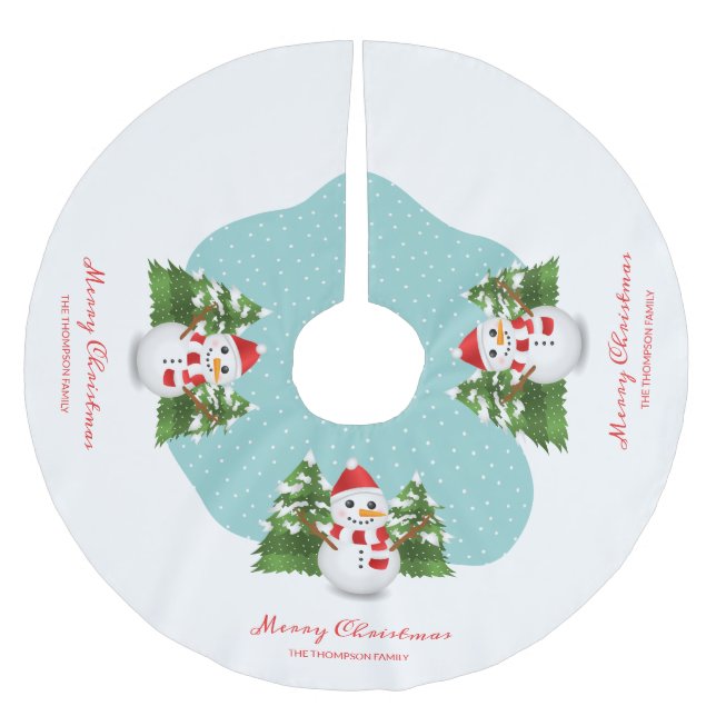 Snowman Custom Family Name Merry Christmas Brushed Polyester Tree Skirt (Front)