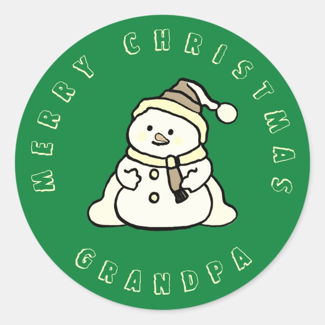 Snowman Custom Merry Christmas Grandpa Green Classic Round Sticker (Front)
