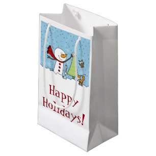 Snowman Decorates Tree with Woodland Creatures Small Gift Bag