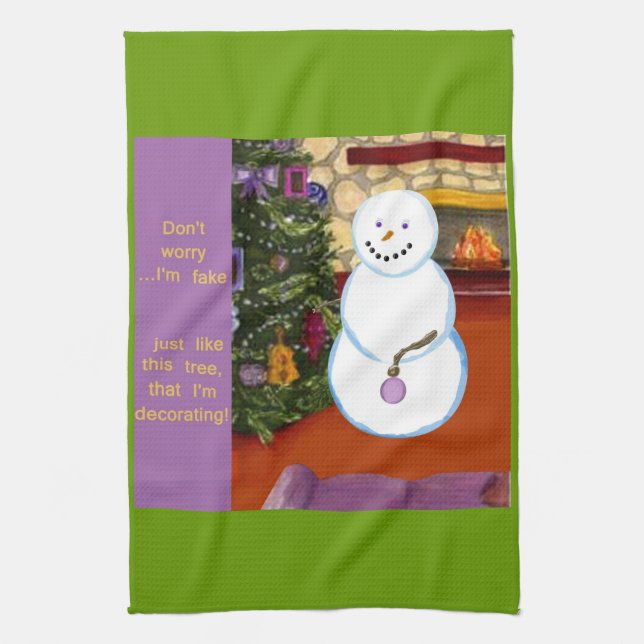 Snowman Decorating Christmas Tree kitchen towel (Vertical)