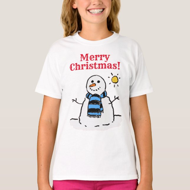 Snowman Design with Personal Greeting Christmas T-Shirt (Front)