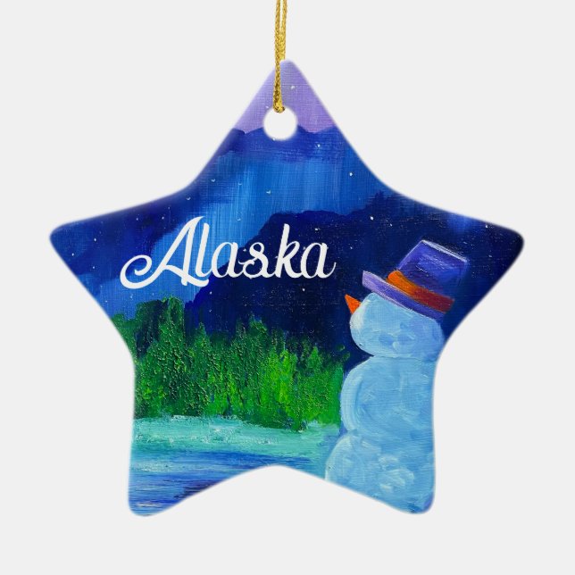 Snowman Dreams Ceramic STAR Ornament with ALASKA (Front)