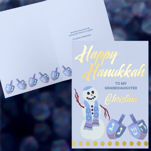 Snowman Dreidels Blue Childs Name Hanukkah Gold Foil Greeting Card