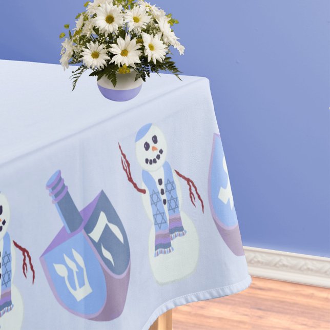 Snowman Dreidels Blue Jewish Holiday Hanukkah Tablecloth (Add your name and Hanukkah message in dark blue wording in the center of this custom tablecloth)