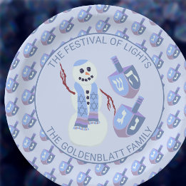Snowman Dreidels Cute Blue Pattern Hanukkah Party Paper Plate