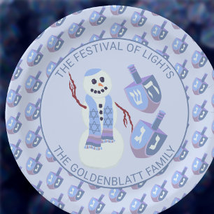 Snowman Dreidels Cute Blue Pattern Hanukkah Party Paper Plate