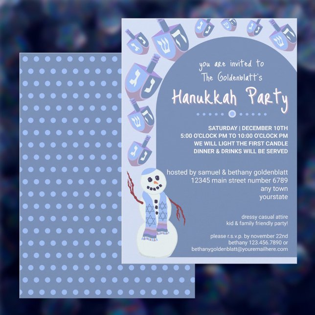 Snowman Dreidels Cute Hanukkah Holiday Party Invitation (These cute Hanukkah party invitations are adorable for kids parties and fun for adult gatherings too)