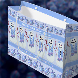 Snowman Dreidels Fun Blue And White Hanukkah Large Gift Bag
