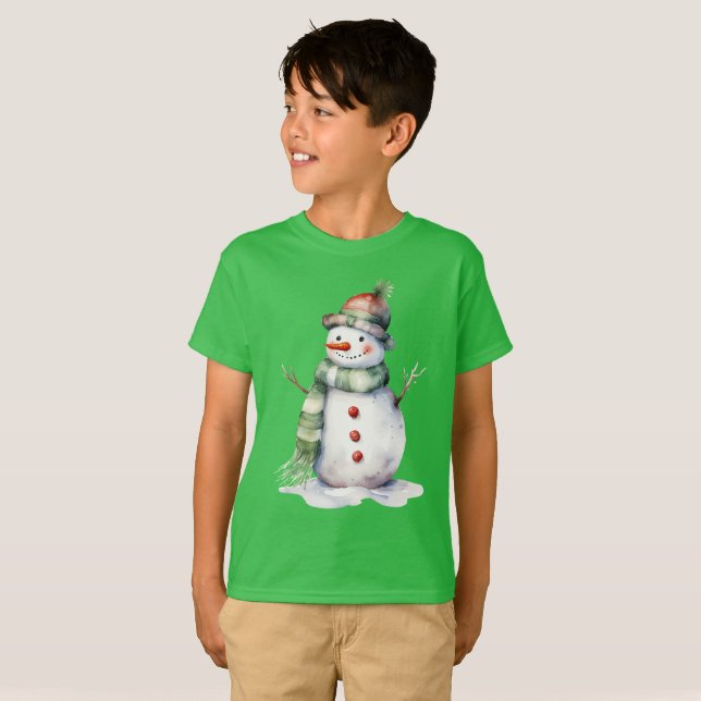 Snowman Dressed In Green Plaid T-Shirt (Front Full)
