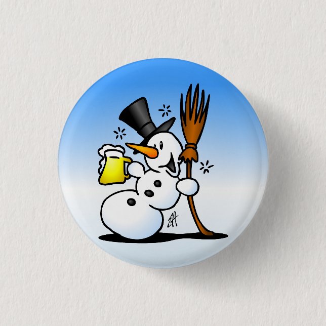 Snowman drinking a beer 3 cm round badge (Front)