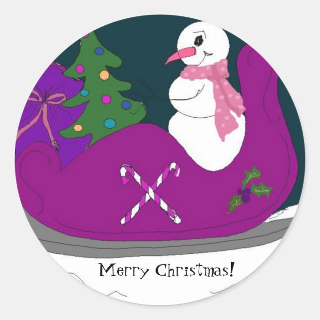 Snowman Driving a Sleigh Classic Round Sticker (Front)