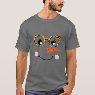 Snowman Face Carrot Nose Eyelashes Leopard Glasses T-Shirt