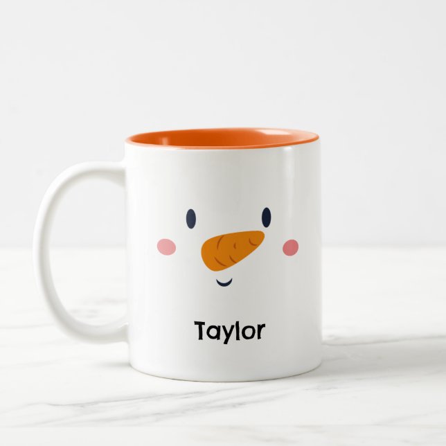 Snowman Face Personalised Name Holiday Two-Tone Coffee Mug (Left)