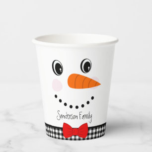 Snowman Face Red Bowtie Black Buffalo Plaid Paper Cups