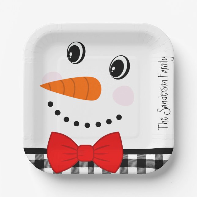 Snowman Face Red Bowtie Black Buffalo Plaid Trim   Paper Plate (Front)
