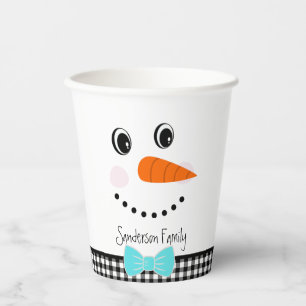 Snowman face Teal blue Bowtie Black Buffalo Plaid Paper Cups
