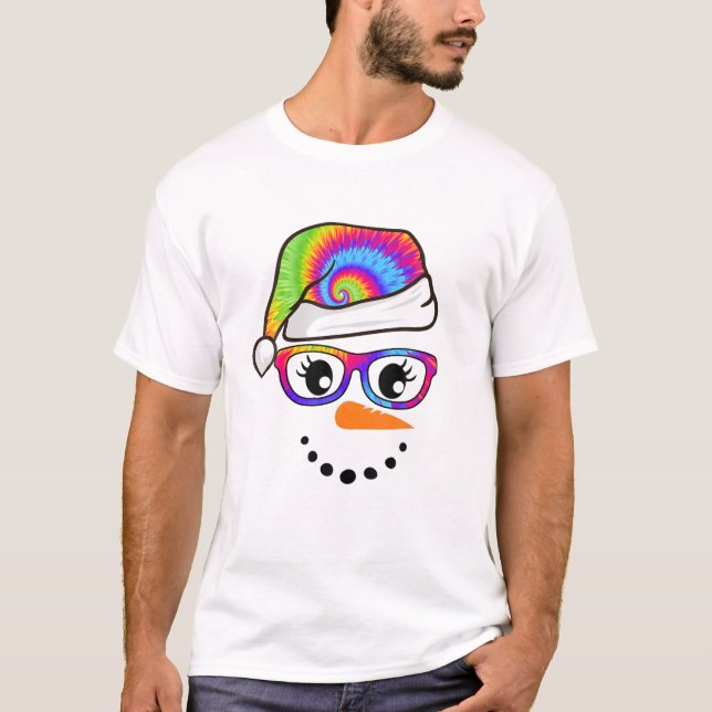Snowman Face Tie Dye Glasses Santa Hat Carrot Nose T-Shirt (Front)