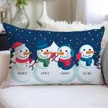 Snowman Family Christmas Custom Name Holiday Lumbar Cushion<br><div class="desc">Snowman Family Christmas Custom Name Holiday Lumbar Pillow. Cute four person snowman family custom personalised names decorative Christmas throw pillow. Makes the perfect Christmas gift and holiday decor for winter.</div>