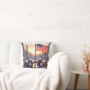 Snowman Family Gathering Around a Flagpole Cushion