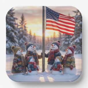 Snowman Family Gathering Around a Flagpole Paper Plate