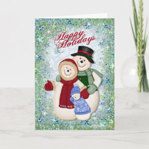Snowman Family Glitter and Snowflakes Holiday Card