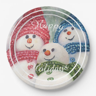 Snowman Family Happy Holiday Party Paper Plate