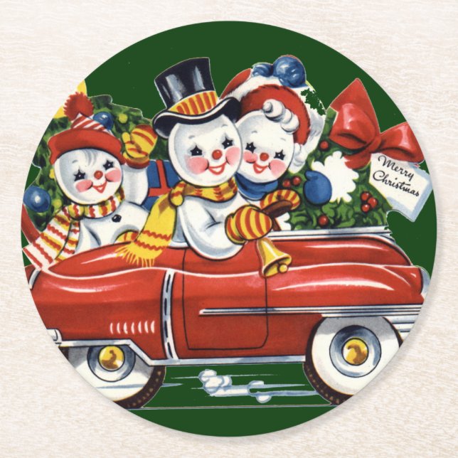 Snowman Family Out For a Drive Christmas Round Paper Coaster (Front)