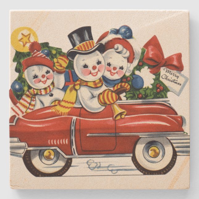 Snowman Family Out For a Drive Christmas Stone Coaster (Front)