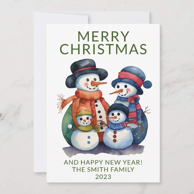 Snowman Family Presents Green Christmas Invitation (Front)
