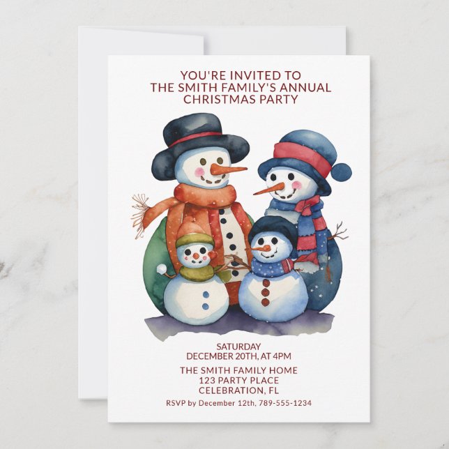 Snowman Family Presents Red Party Invitation (Front)