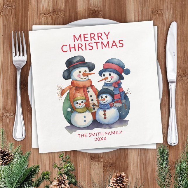 Snowman Family Red Christmas Party Napkin (Creator Uploaded)