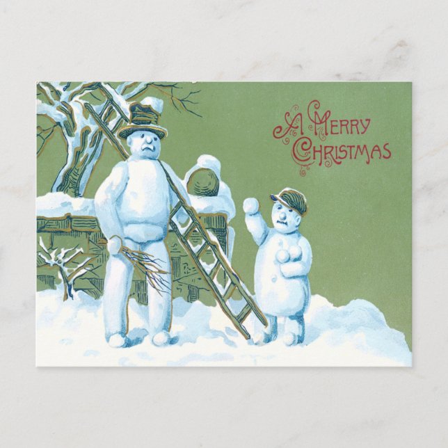 Snowman Father And Son Snow Ladder Snowball Postcard (Front)