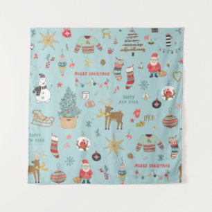 Snowman Fir-Tree Christmas Wrapping Pattern Tapestry