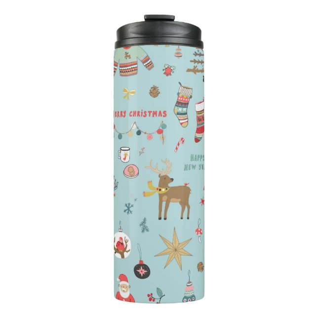 Snowman Fir-Tree Christmas Wrapping Pattern Thermal Tumbler (Front)