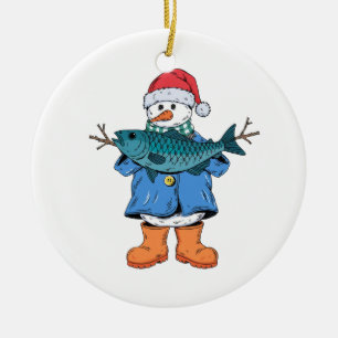 Snowman Fisherman Christmas 2026 Holiday Fishing Ceramic Tree Decoration