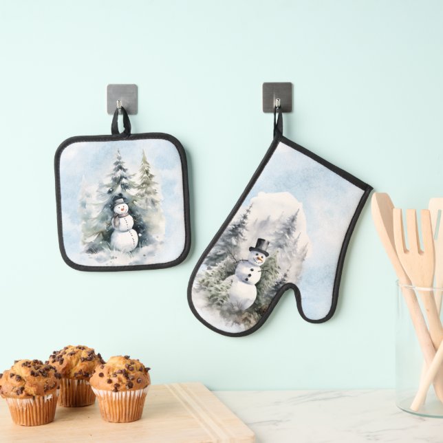 Snowman Forest Trees Snow Green Blue Oven Mitt & Pot Holder Set (Insitu(Hanging))